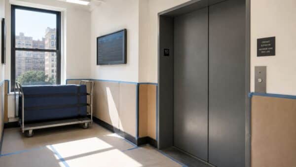 Protected freight elevator landing prepared for renovation logistics in a Manhattan co-op building.