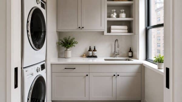 Completed Manhattan apartment laundry room with custom cabinetry, utility sink, and integrated appliances.
