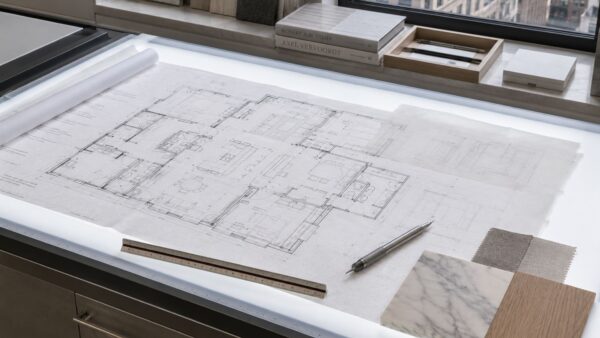 Architectural renovation drawings being professionally reviewed on an illuminated drafting table.