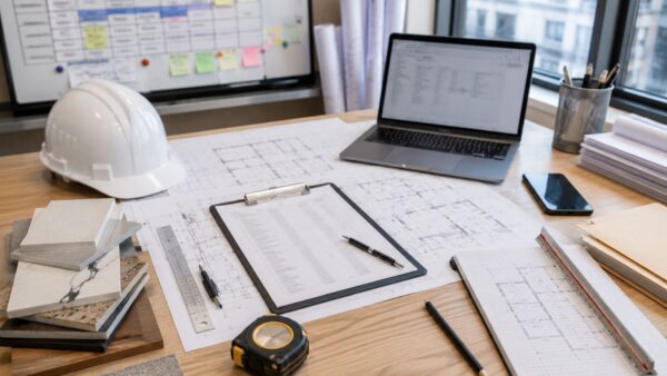Professional construction planning workspace showing coordinated renovation logistics for an NYC apartment project.
