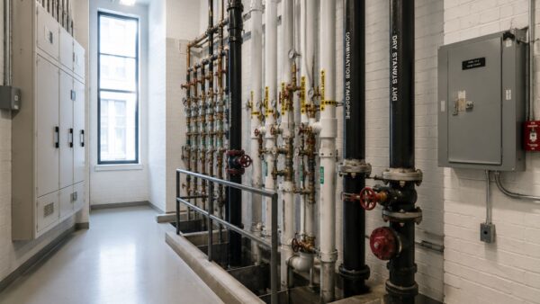 Organized mechanical systems and utility risers inside a pre-war Manhattan apartment building.