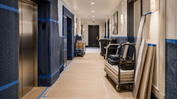 Protected apartment building service corridor prepared for a professionally managed renovation project.