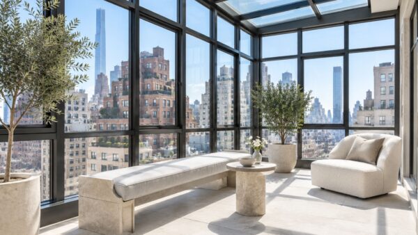 Completed Manhattan apartment sunroom with steel-framed windows and bright city views.