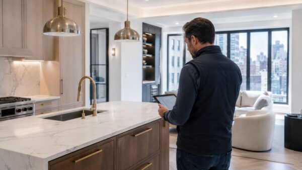 Project manager inspecting a completed Manhattan apartment renovation during the final quality control walkthrough.