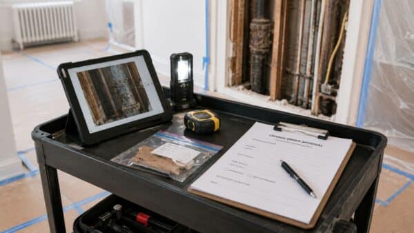 Renovation issue documented with inspection tools and written approval materials before additional work begins.