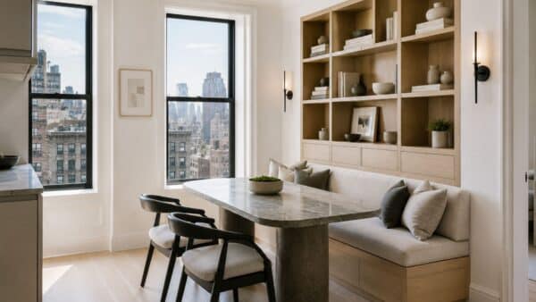 Completed Manhattan dining alcove with custom built-in storage, pale oak millwork, and bright city views.