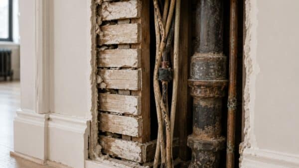 Professional wall inspection revealing older wiring, metal lath, and plumbing inside a pre-war NYC apartment.