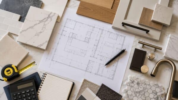 Architectural plans surrounded by cabinetry, tile, stone, and hardware samples used for renovation budgeting.