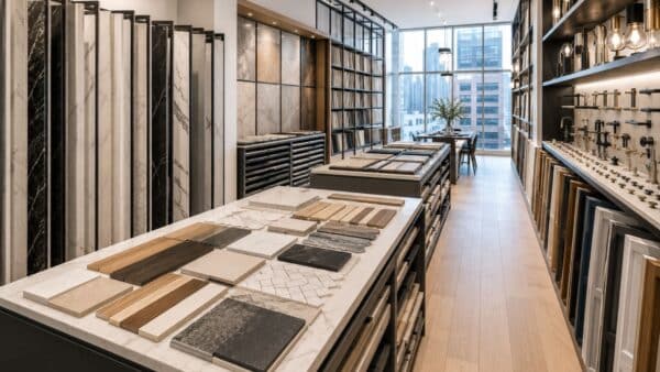 Luxury renovation design center featuring extensive selections of tile, stone, cabinetry, and finish materials.