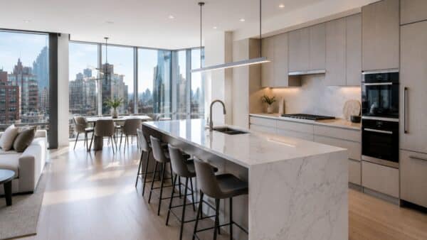 Completed modern Manhattan condo kitchen with premium finishes, integrated appliances, and skyline views.