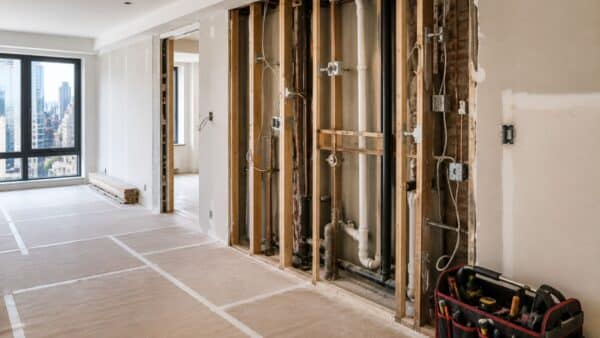 Clean renovation site showing organized plumbing and electrical systems behind an opened apartment wall.