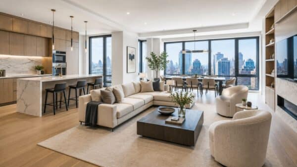 Completed luxury Manhattan open-concept living space with custom millwork and premium architectural finishes.