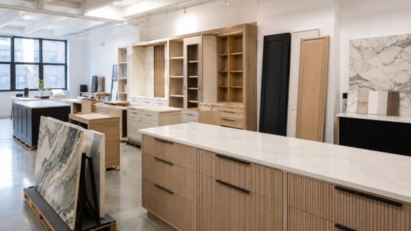 Finished custom millwork and cabinetry prepared for installation in a luxury Manhattan renovation.