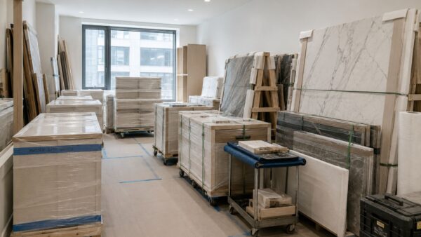 Protected custom cabinetry and stone materials prepared for installation in a Manhattan apartment renovation.