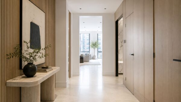 Completed luxury Manhattan apartment entry gallery with custom millwork and natural daylight.