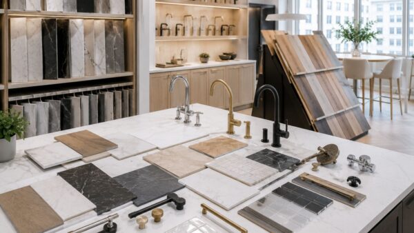 Luxury renovation showroom displaying cabinetry, tile, stone, and finish selections for an apartment remodel.