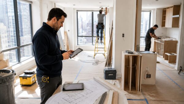 Project manager overseeing construction progress inside a professionally managed Manhattan apartment renovation.