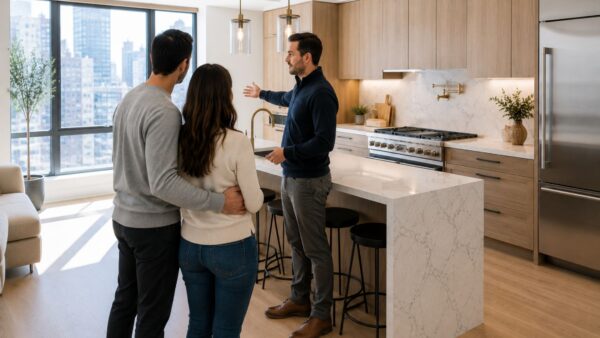 Homeowners reviewing the finished craftsmanship of a luxury Manhattan apartment renovation during the final walkthrough.