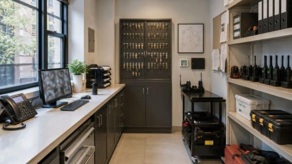 Organized building operations office supporting renovation coordination in a Manhattan co-op.