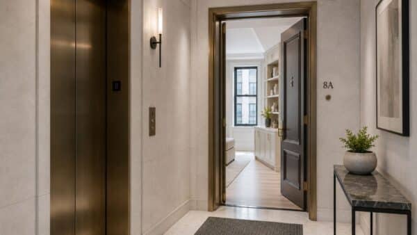 Luxury Manhattan apartment elevator vestibule leading to a completed renovation after successful board approval.
