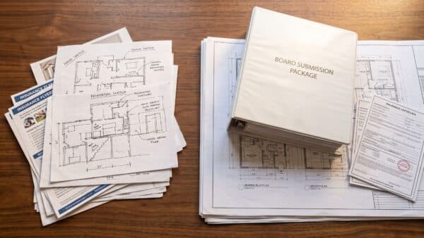 A top-down photograph of a generic desk showing a crude hand-drawn floor plan sketch next to a massive, thick, professional generic binder labeled "BOARD SUBMISSION PACKAGE" which rests on highly detailed, stamped architectural blueprints.