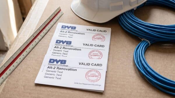 A focused photograph inside a rough wooden partition (temporary elevator padding). Three generic, distinct NYC Department of Buildings (DOB) physical permit cards labeled 'Alt-2 Renovation' are stapled neatly next to a dynamic construction scale ruler and hard hat.