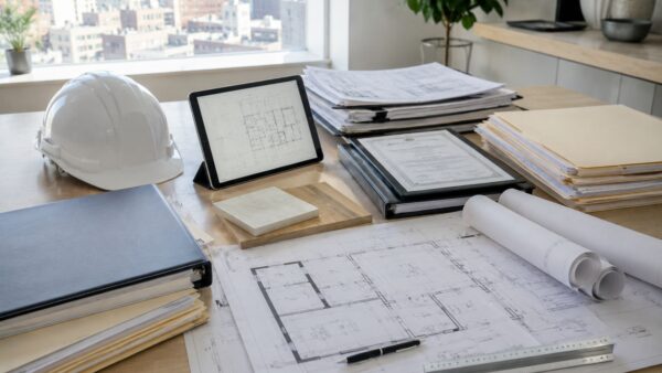 Architect organizing renovation permit documents, construction drawings, and approval paperwork for an NYC apartment renovation.