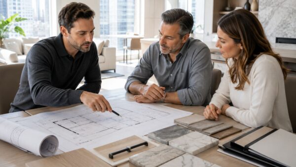 Project manager reviewing renovation plans with homeowners before submitting an NYC co-op board package.