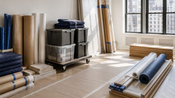 Organized renovation staging area with protective materials prepared for a professionally managed apartment renovation.