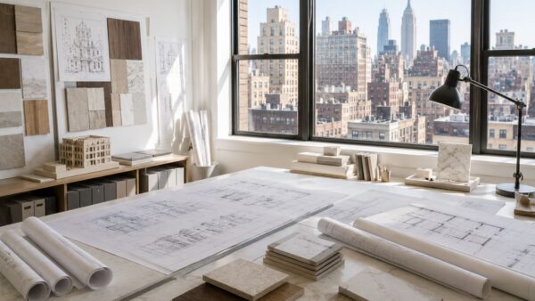 Bright architectural workspace overlooking Manhattan representing careful renovation planning before board submission.