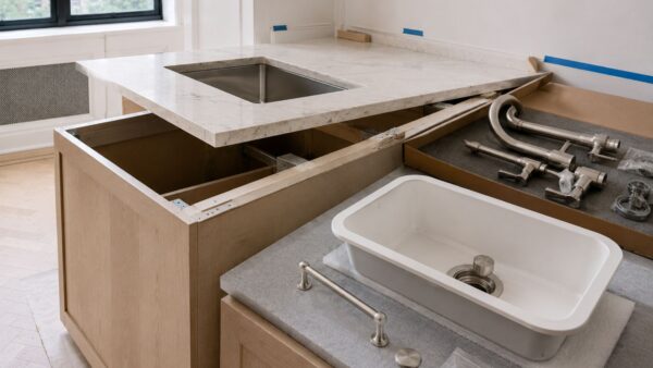 Cabinetry, countertop and fixture components checked together before installation in an NYC renovation.