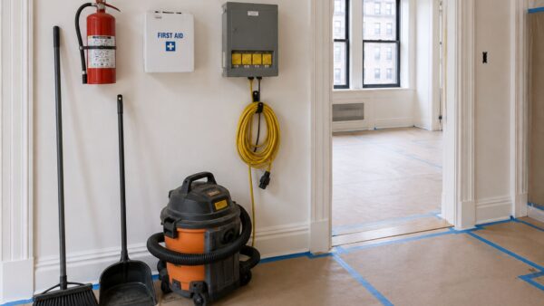 Organized NYC apartment renovation site prepared for construction-phase project management.