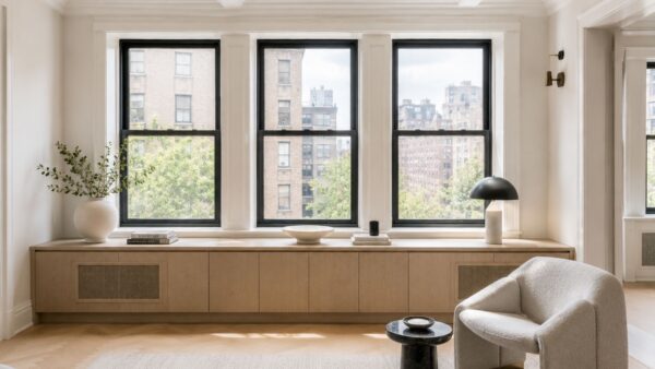 Completed Manhattan apartment window wall integrating custom storage with original architecture and mechanical systems.