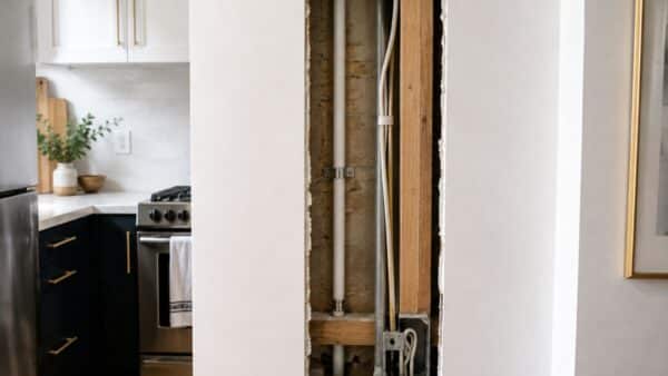 Kitchen wall inspection opening revealing electrical, plumbing and framing hidden inside the partition.