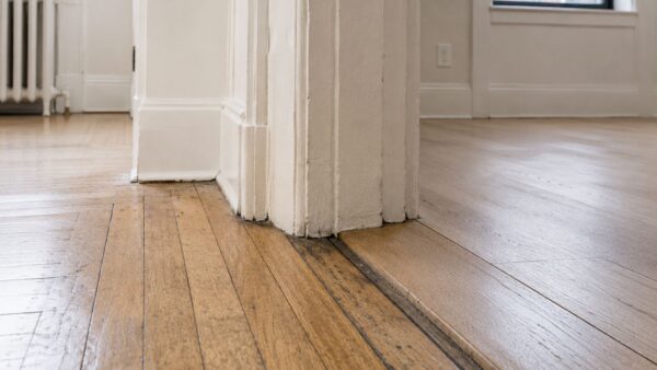 Original pre-war wood flooring and an older renovation transition inside an East Village apartment.