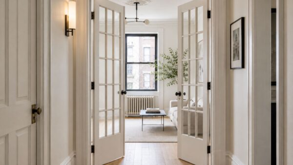 Restored pre-war French doors and original architectural details in a renovated East Village apartment.