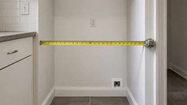 Refrigerator opening measured to confirm appliance clearance in a compact NYC apartment kitchen.