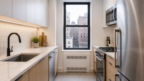 Completed compact Manhattan galley kitchen with custom storage and efficient appliance planning.