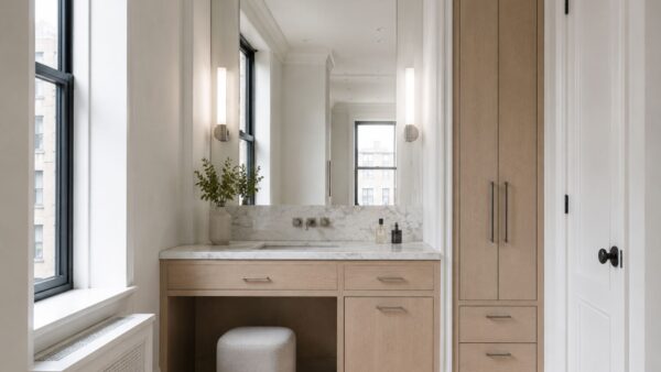 Completed Manhattan apartment vanity alcove combining custom millwork with restored pre-war architecture.
