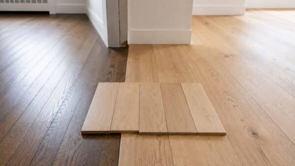 Different apartment flooring being coordinated across the former boundary between two combined NYC units.