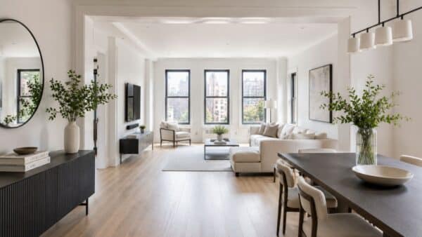 Combined Manhattan apartment designed with continuous flooring and circulation so two former units read as one home.