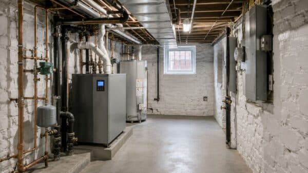 Brownstone cellar showing plumbing, electrical and mechanical systems that can affect a full-home renovation.