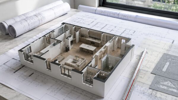Architectural apartment model and technical plans representing board approval and DOB permitting for a NYC renovation.