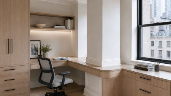 Completed Manhattan co-op home office integrating custom millwork with original pre-war architecture.