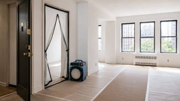 Clean NYC apartment renovation site secured and organized at the end of the workday.