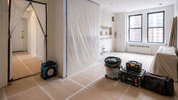 Clean NYC apartment renovation site secured and organized at the end of the workday.