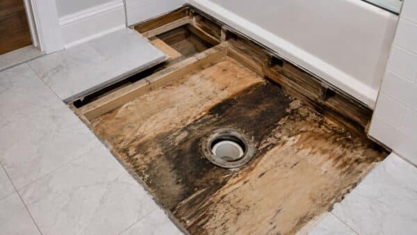Bathroom subfloor opened around a drain to assess how far concealed water damage has spread.
