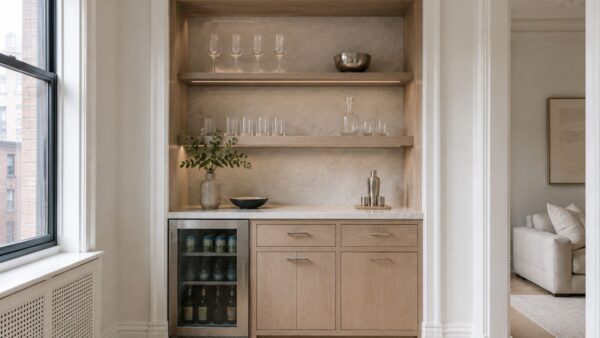 Custom Manhattan apartment entertaining niche showing carefully selected renovation materials and finishes.