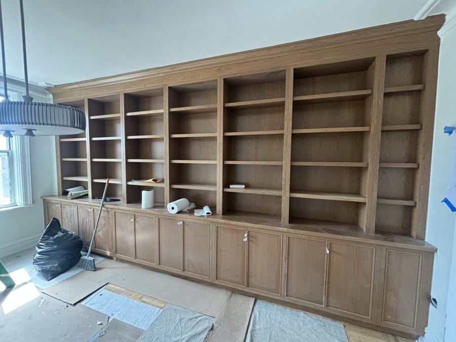 During the work at West End Avenue: Dining room millwork as raw carcasses, before any shelf was finished.