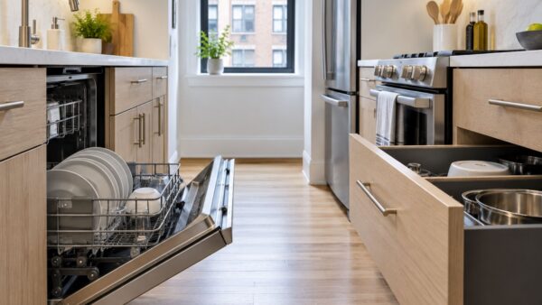 Open dishwasher and cabinet drawer showing why appliance clearances matter in a narrow NYC galley kitchen.